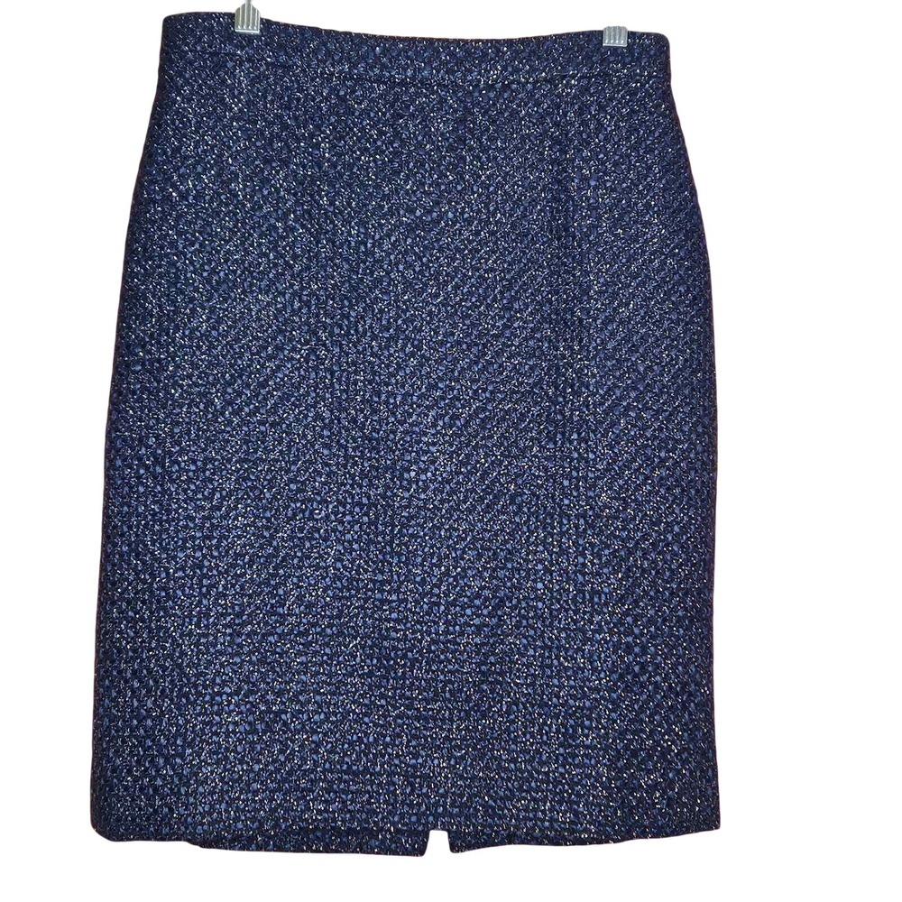 J Crew Blue/Black/Silver Wool Blend Plaid Tweed Pencil Knee Length Skirt‎ Size 0